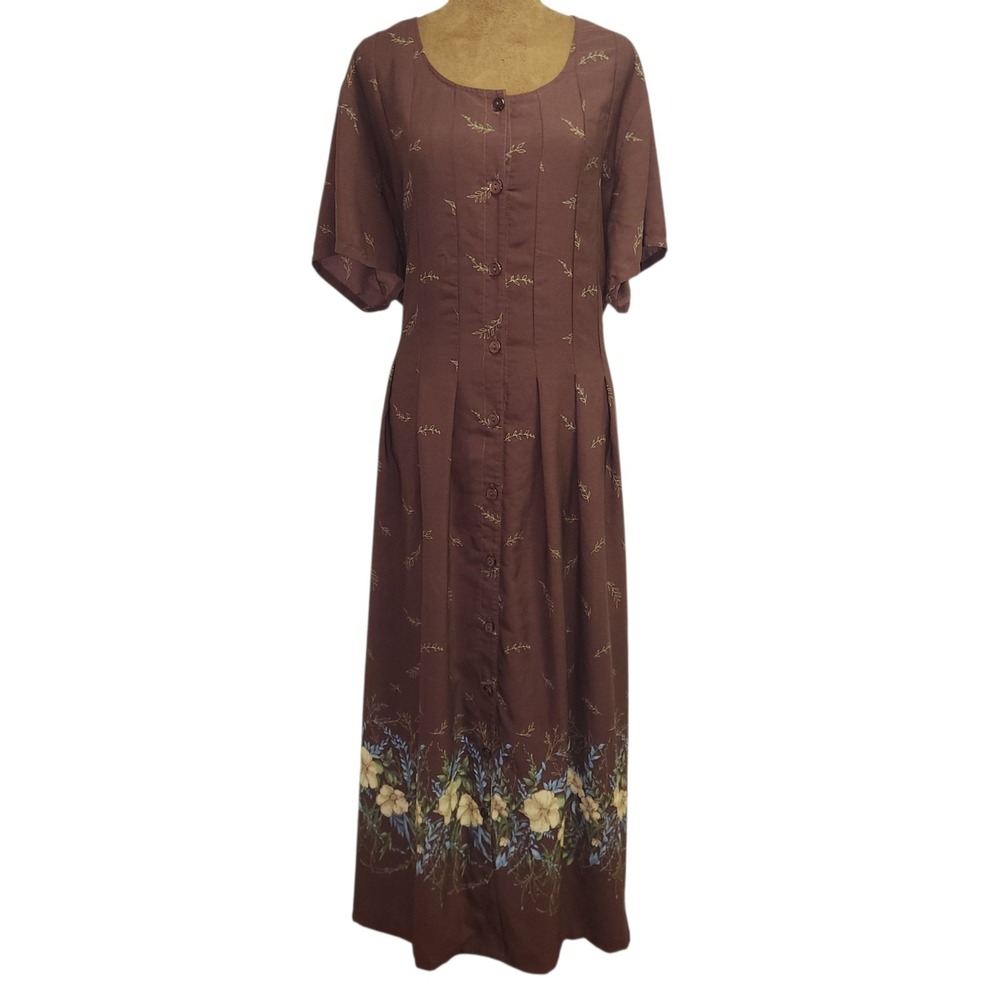 Vintage 90s Maxi Dress Size 2XL Brown Prairie Cottagecore Tie Back Button Down